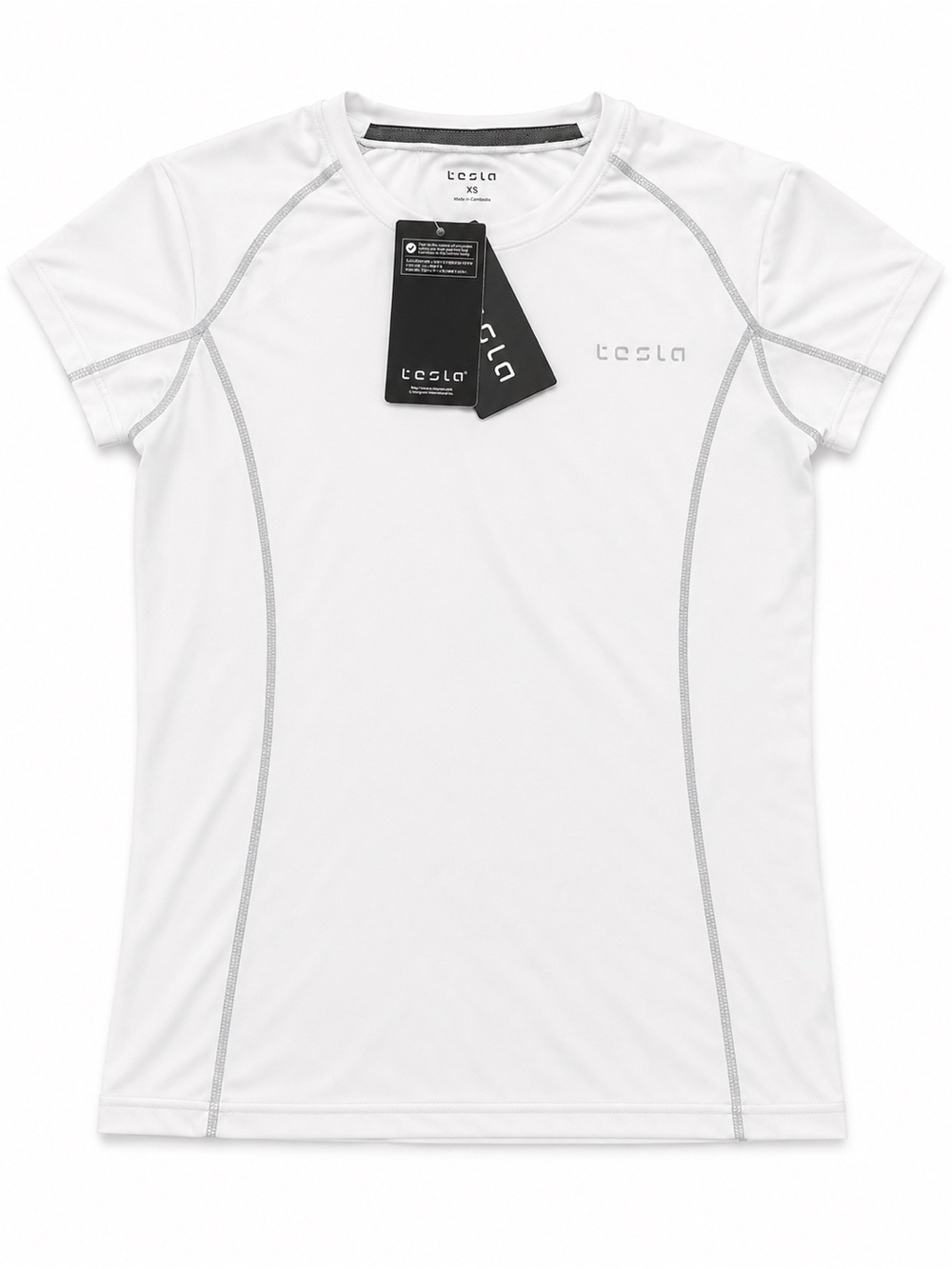 Tesla White Short-Sleeve Swim Top with Gray Stitching